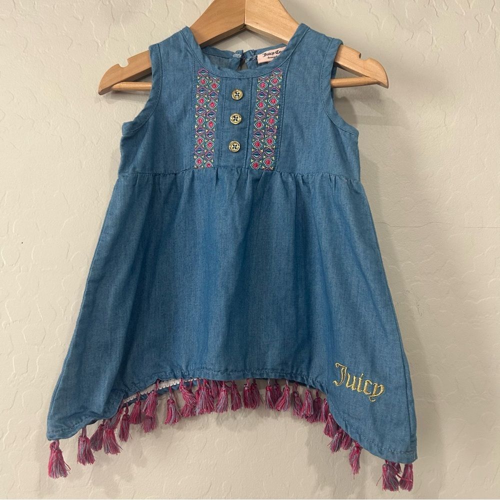 Juicy Couture‎ Chambray Tassel Dress 24M – Boho Embroidered Denim Baby Dress